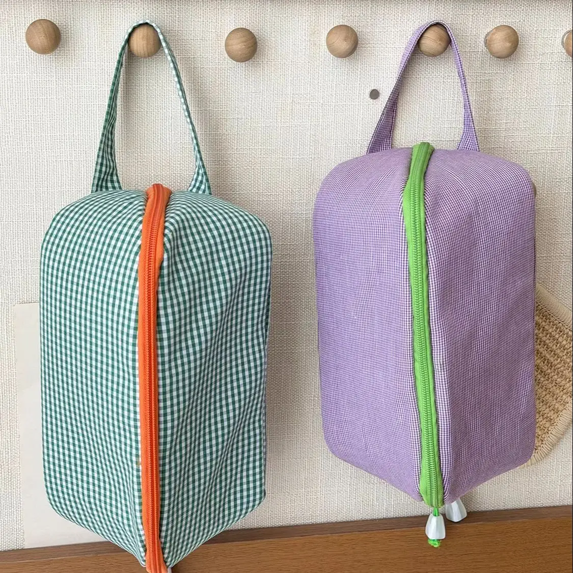 YT Fresh Style Plaid Travel Multifunctional Toiletry Bag Purple Plaid Green Plaid Large Opening Handheld Makeup Bag