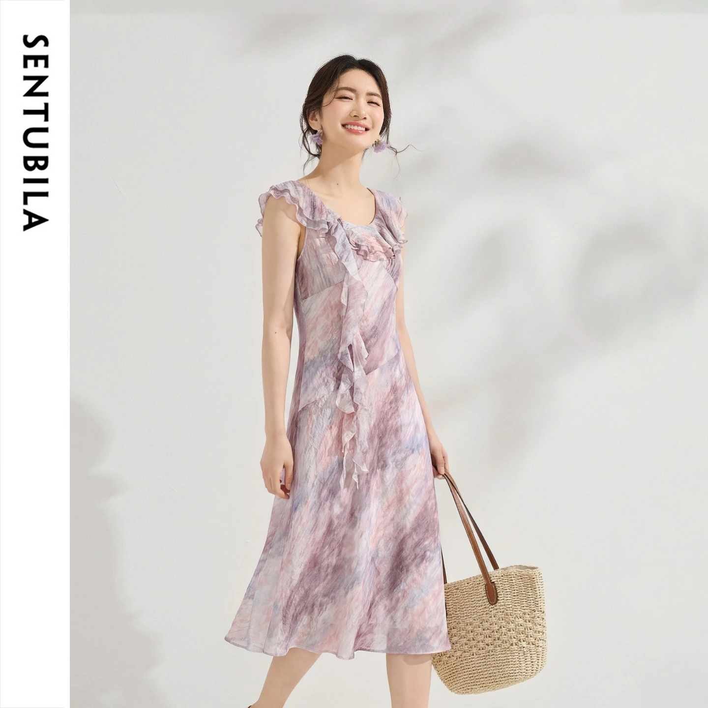 SENTUBILA Women's Long Dress 2026 Elegant Double Layer Ruffle Gradient U Neck Fitted Waist A Line Summer Dress Ladies 162LI7065