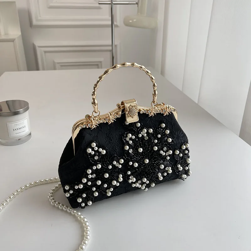 

Wedding Party Women's Clutches Fashion Pearl Beaded Embroider Flower Evening Bag With Metal Handle Handbag Chain Shoulder Bag