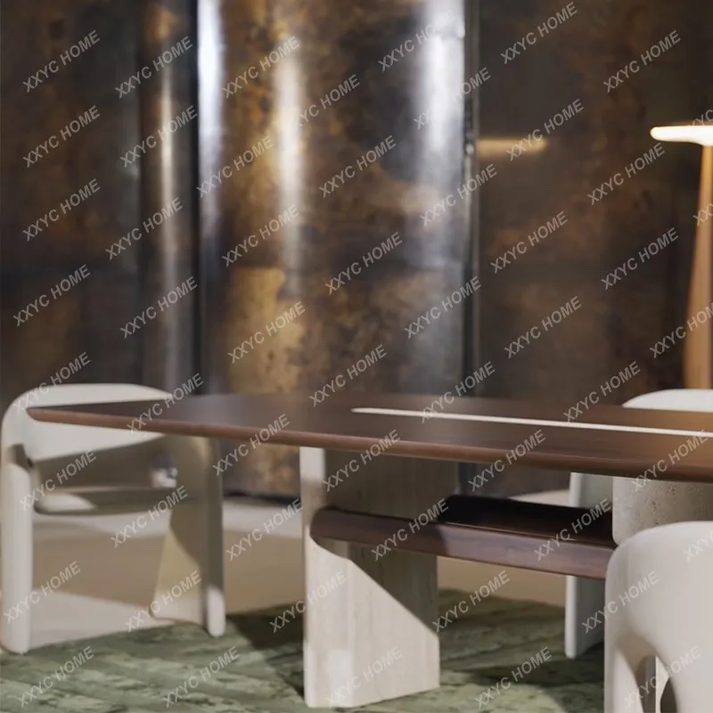 Sansan wind palatin solid wood dining table travertine foot rectangular large board table multifunctional round dining table