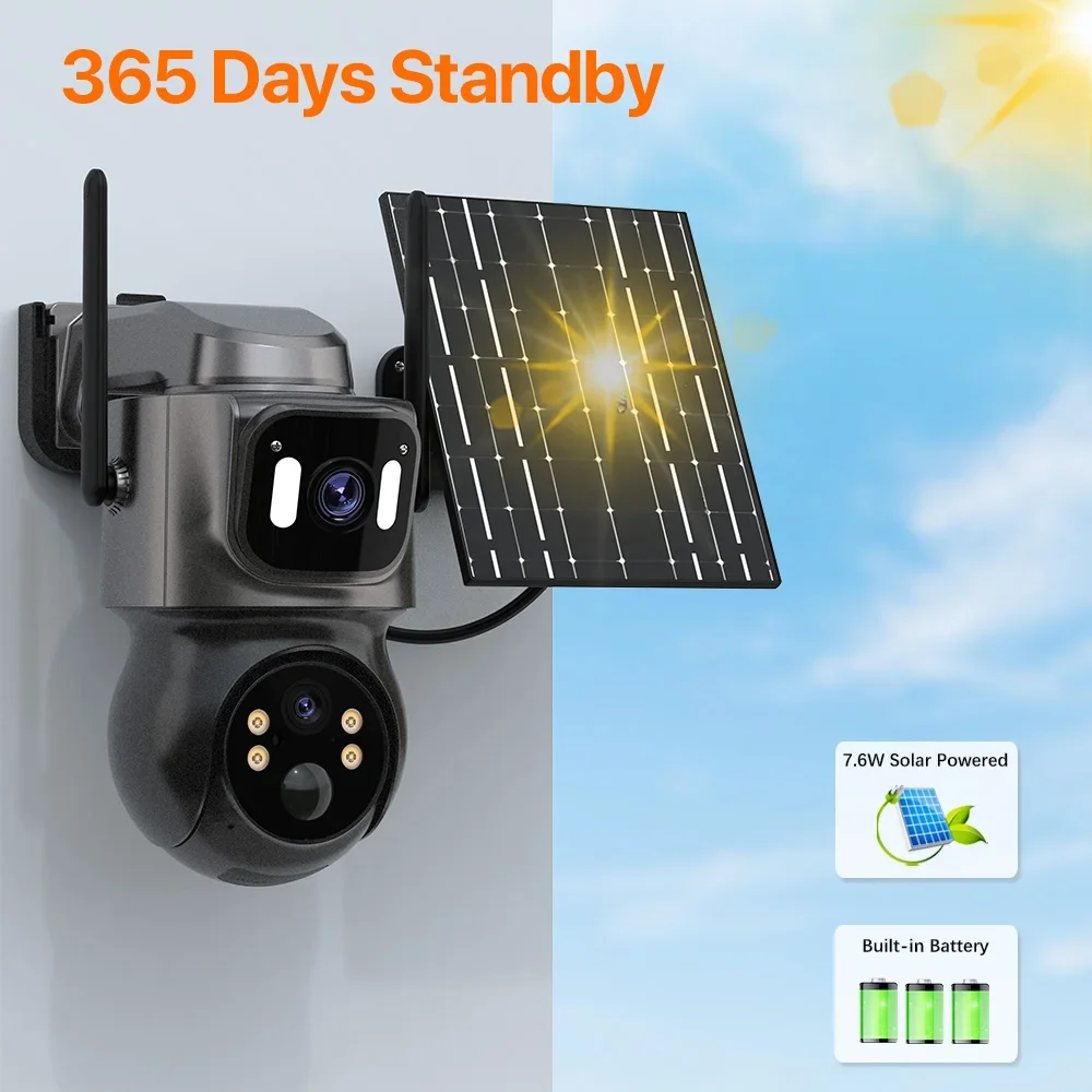 Dual Lens Solar IP Camera WiFi Outdoor PTZ Security Camera 4MP HD Built in Battery 7.6W Solar Panel Wireless Cam PIR Alarm iCsee