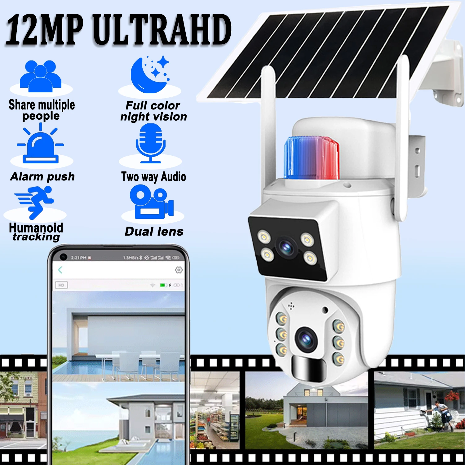 

Wireless Solar Powered IP Camera Dual Lens Night Vision Full Color Outdoor Waterproof Security Surveillance Indoor Wifi Home Cam