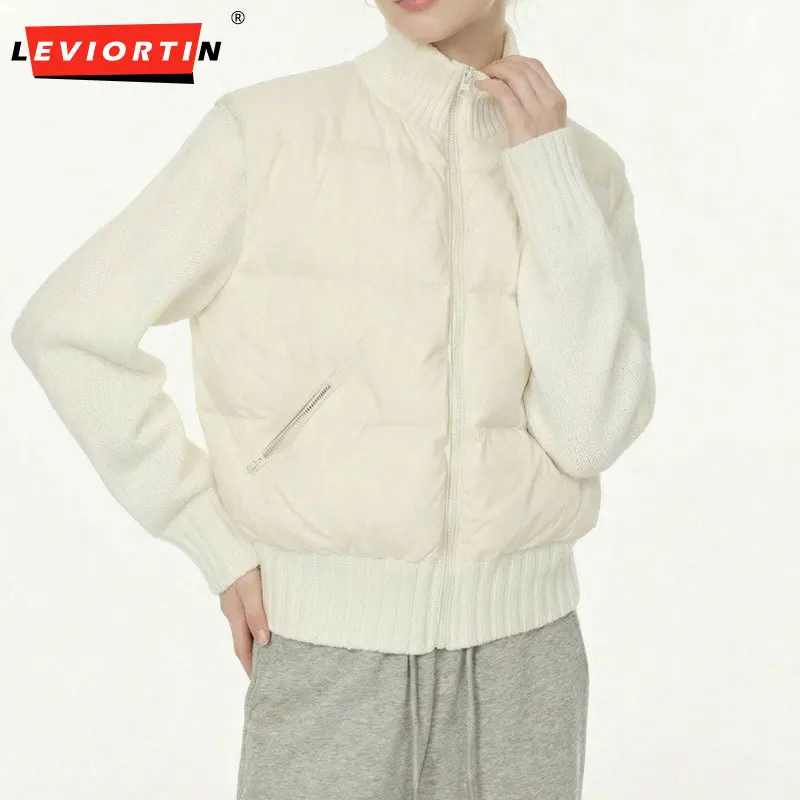 Winter men's fashionable versatile stand up collar knitted patchwork design, niche warmth and comfort, down jacket jacket