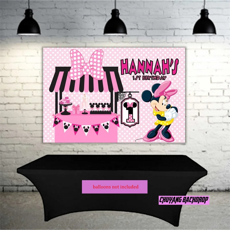 Disney Cartoon Pink Doodles Hoodie Bowtique Minnie Mouse Backdrop Bakery Birthday Party Photography Background Supplies Banner