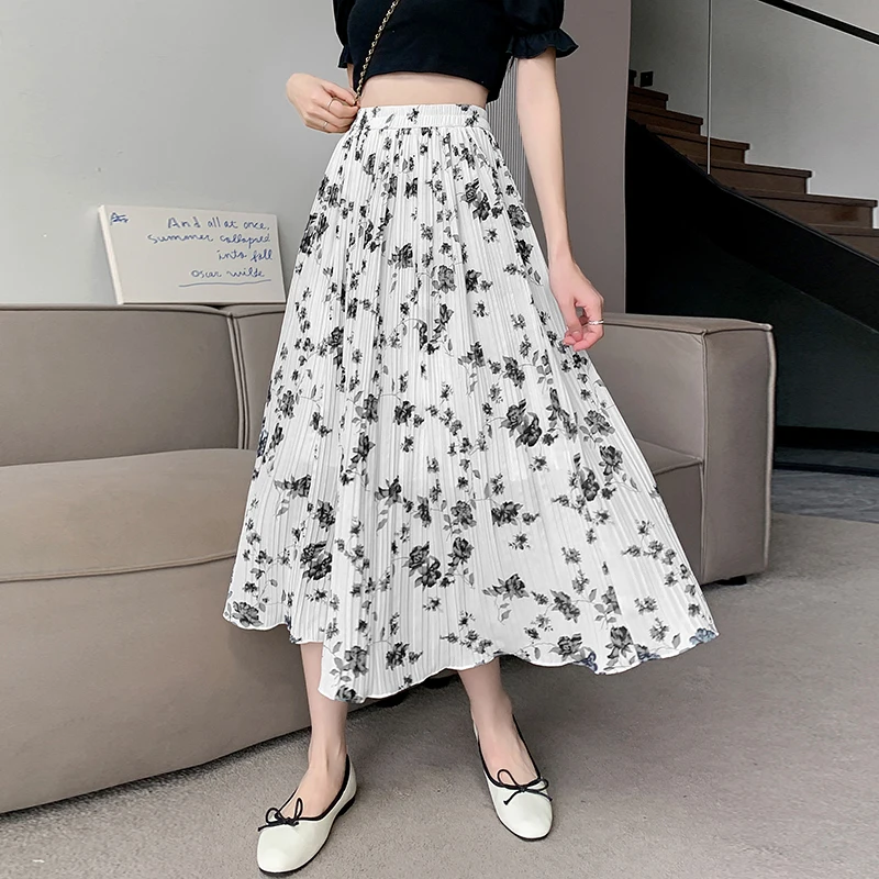 

2024 New Spring Summer Women High Waist Slim Long Skirt Korean Style Sweet Floral Pleated Chiffon Skirt