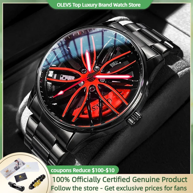 OLEVS Wheel Hub Men\'s Watches Trend Fashion Quartz Wristwatch Original Movement Waterproof Steel Luminous 3D Hollow Rotary Dial