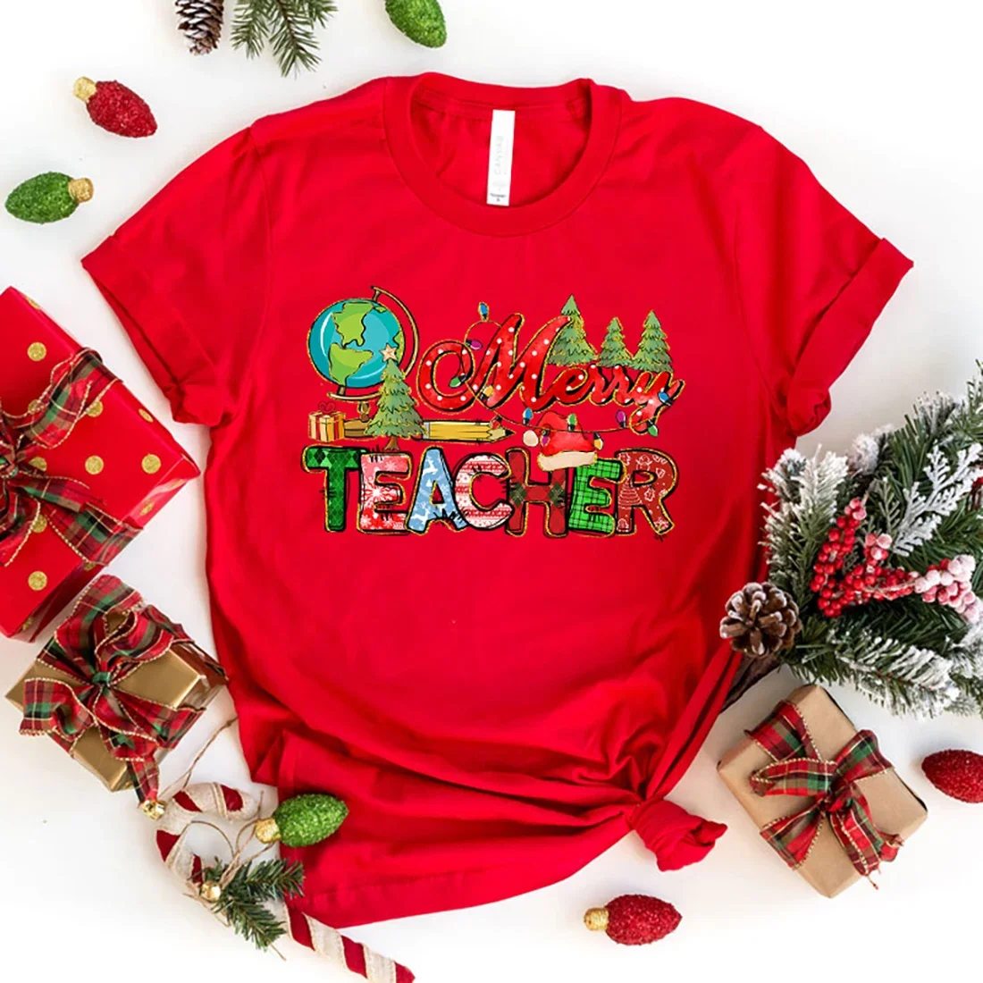 Men Fashion T Shirt Funny Christmas Merry Teacher Letter Print T Shirt Christmas Merry Teacher Graphic Tee Shirt Unisex Casual P