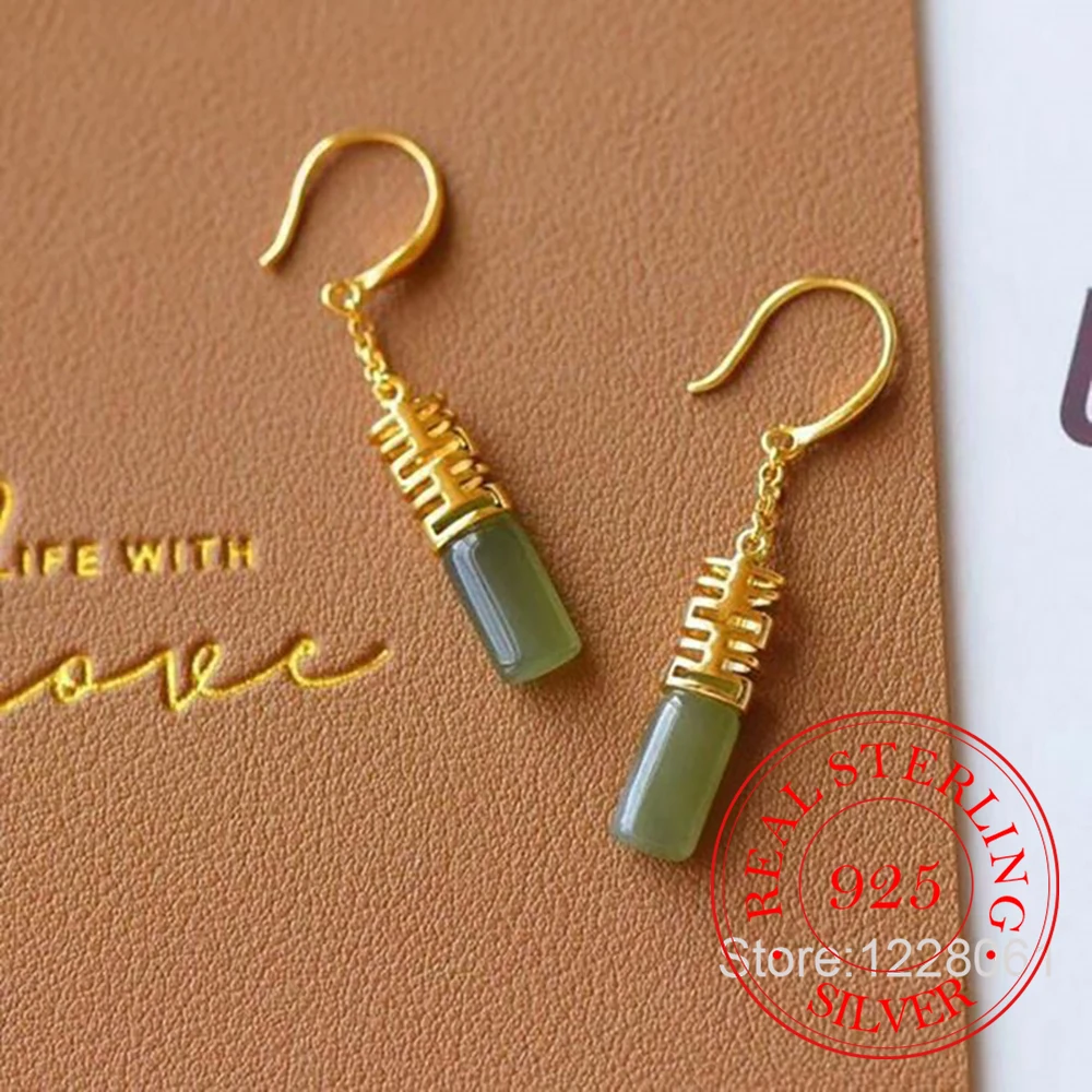

925 Sterling Silver Jewelry National Jade Character Long Drop Earrings for Women Wedding Party Jewelry for Girls Friend Gift