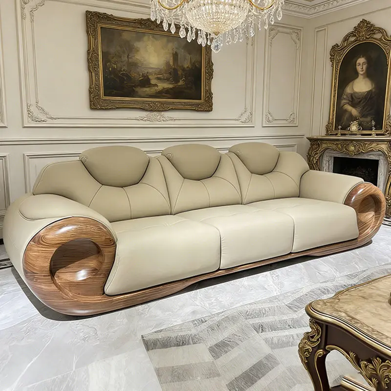 New Chinese-style North American black walnut leather sofa combination villa living room home high-end straight-row solid wood s