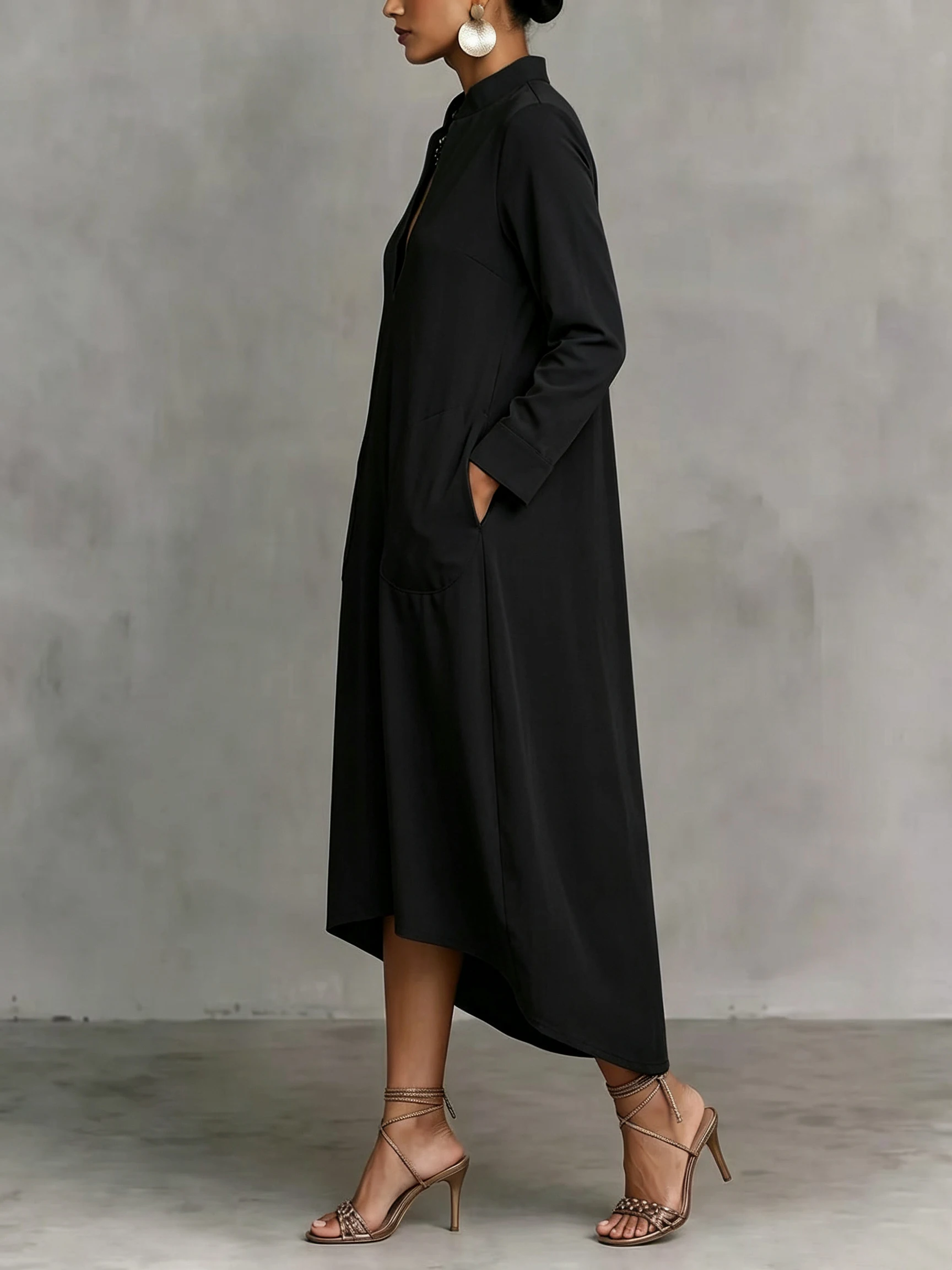 Women Stand Collar V-Neck Long Sleeves Midi Dresses Minimalist Loose High Low Hem Pockets Office Ladies Commute Long Dres
