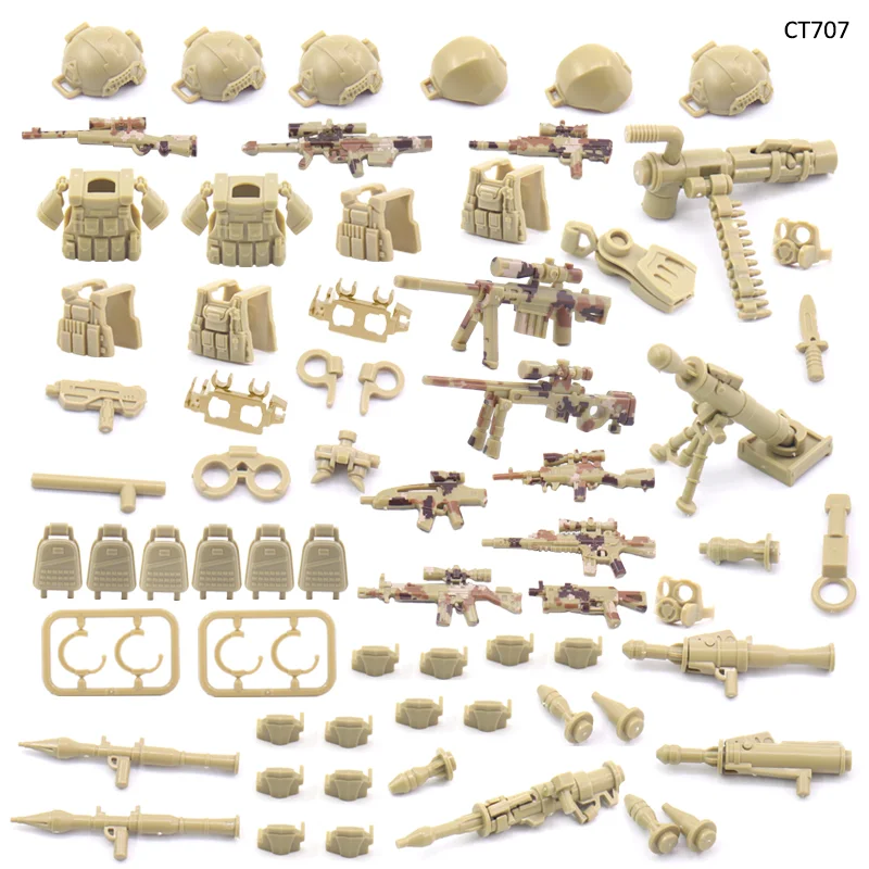 MOC armas militares, bloques de construcción, figuras de soldado, casco, chaleco, escudo, Gatling, ametralladoras pesadas, accesorios de ladrillos, juguetes DF006