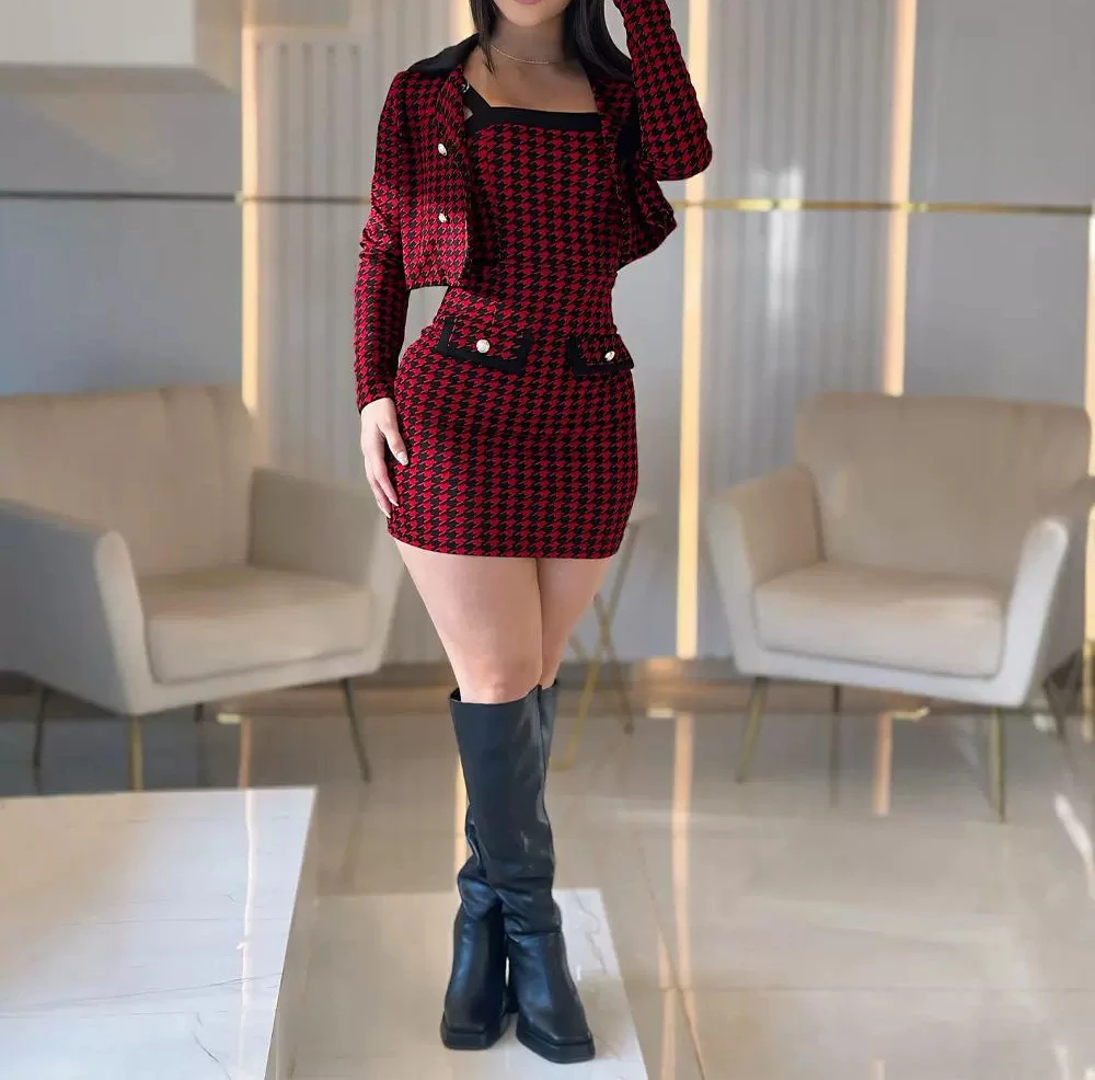 Eleganckie zestawy damskie Nowość 2024 Jesień Zima 2 części Houndstooth Print Slip Square Neck Skinny Dress & Button Long Sleeve Coat Suits