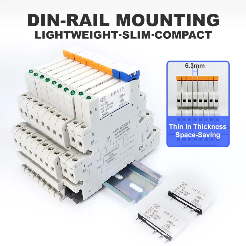 Ultra Thin Relay Module DIN Rail Mounting HF41F 12-ZS 24-ZS Ultra Slim Ultra-thin Electromagnetic Relay DC 12V 24V 6A with LED