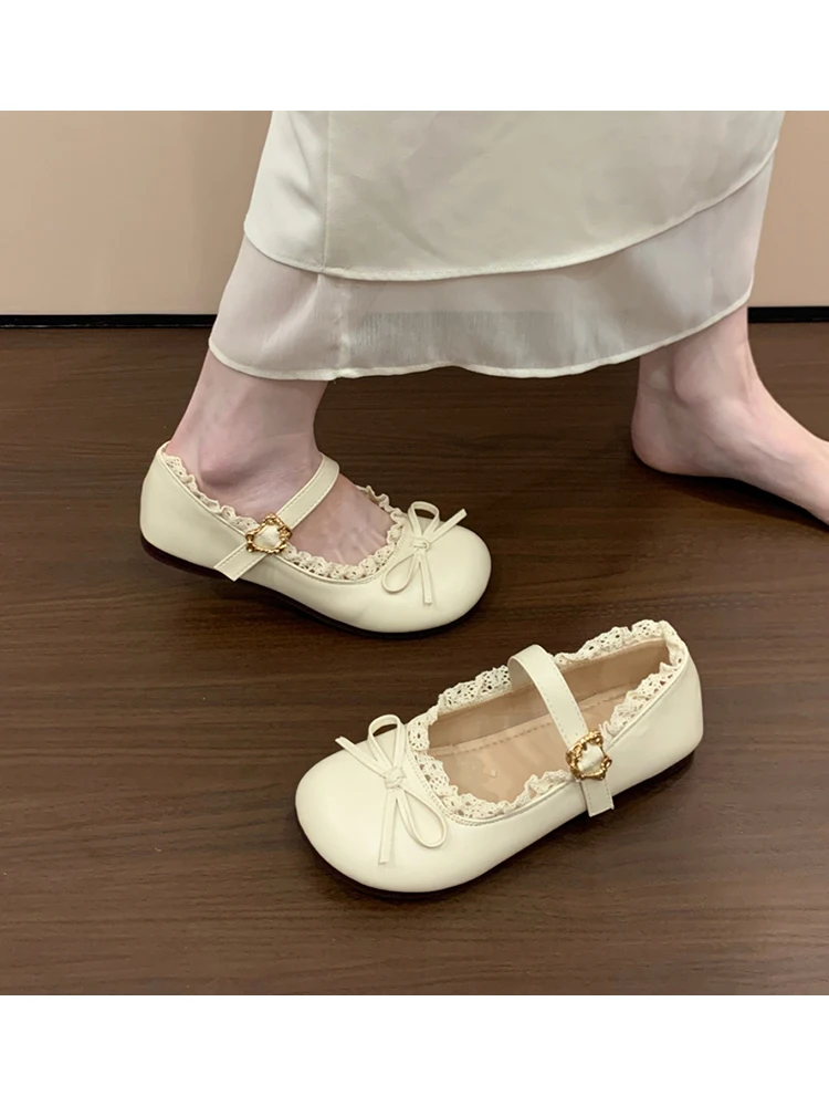 ラウンドトゥ-メリージェーンシューズ-レディース-フラットボトム-バレエスタイル-春シーズン-バタフライノット-シングルストラップ-おしゃれなフラットシューズ