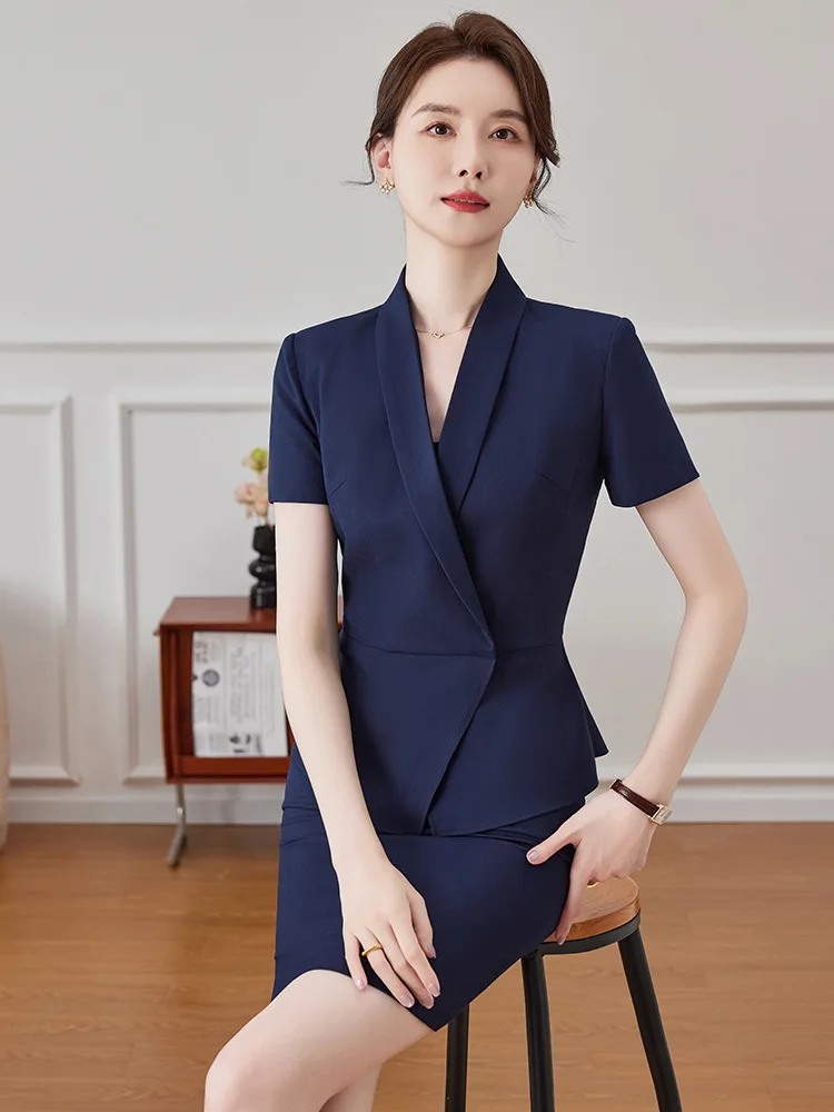 Fashion V-neck Formal Women Business Suits 2 Piece Set with Skirt and Tops Women OL Styles Blazers Office Career with Corsage