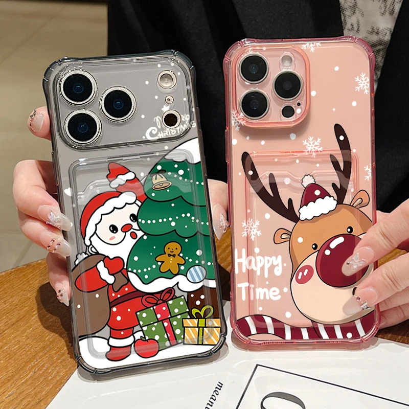 Weihnachtsmann-Hirsch-Kartensteckplatz-Telefonhülle für iPhone Air 16e 17 16 15 14 Pro Max 13 12 Pro 11, stoßfeste, klare, weiche Silikonhülle