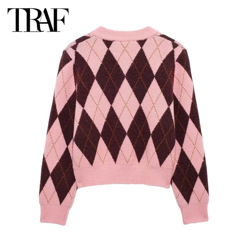 TRAF Short Elegant Cardigan 2025 Women's Spring Knitted Long Sleeve Cropped Coat Fashion Casual Loose Argyle Knitwear Outerwears