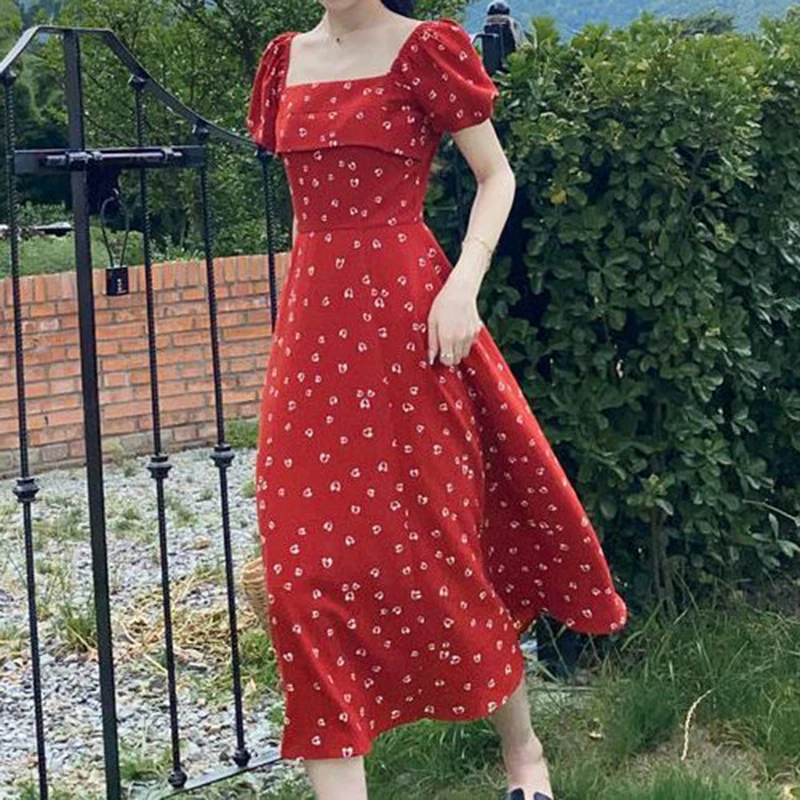 Square neck printed red dress with high waisted vintage  bubble sleeves chiffon dress  women clothing  Slim Fit