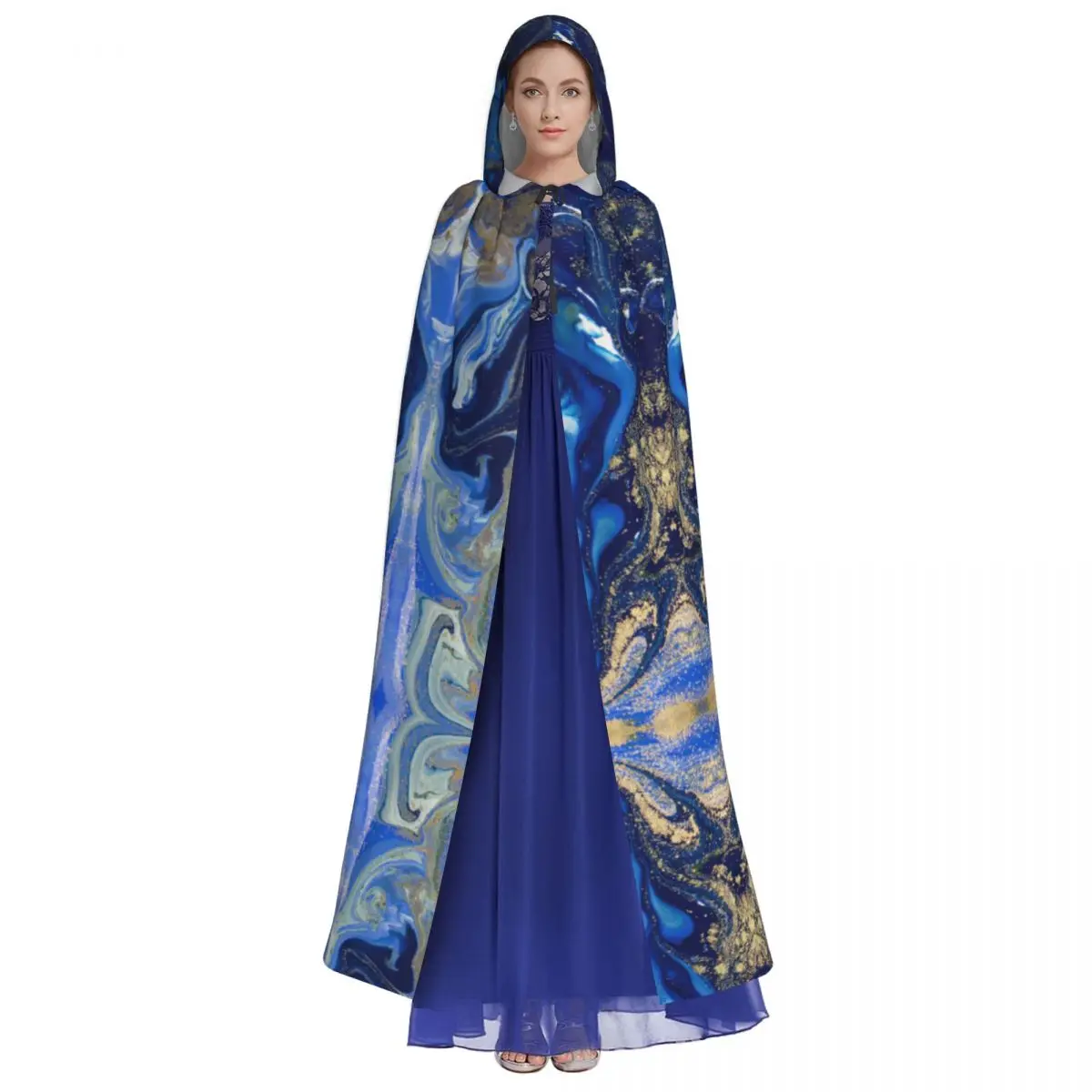 Hooded Cloak Unisex Cloak with Hood Blue And Gold Liquid Marble Cloak Vampire Witch Cape Cosplay Costume