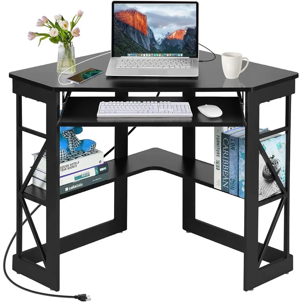 

Desk 41x30 inches with Charging Station, Keyboard, and Storage Shelves for Small Space, Home Office, Bedroom, Black