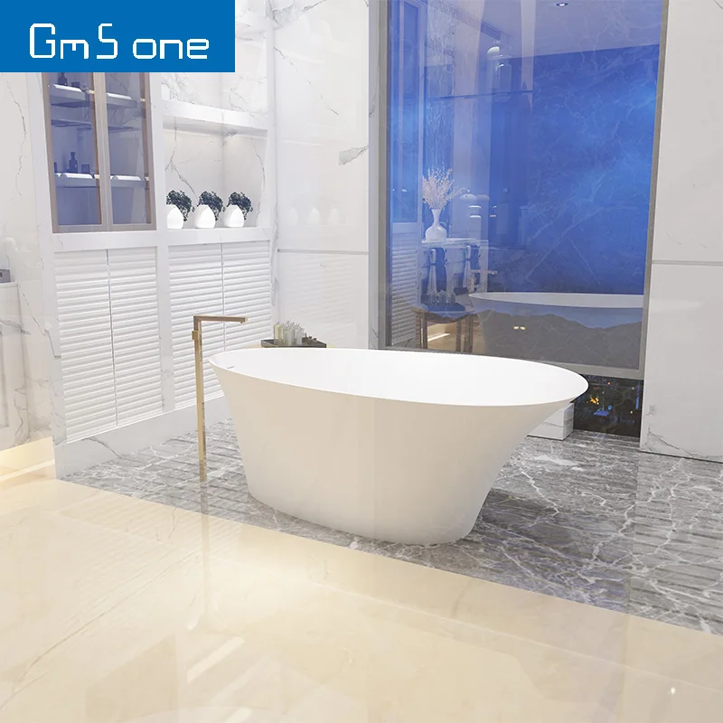 GM-8320 Solid Surface White Modern Design Freestanding Rectangle Bathtub with Drainer Faucet for Soaking Hotels Available