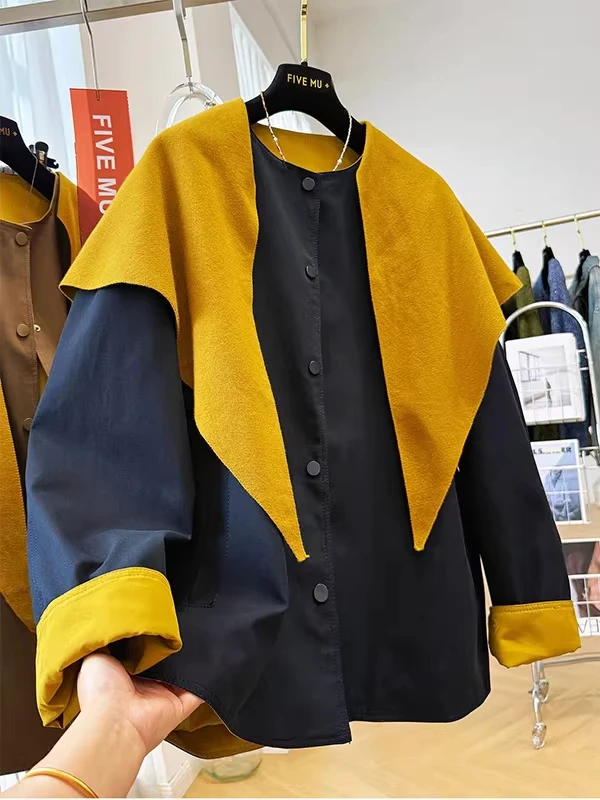 

Extra Large 300 Pounds Color Block Shoulder Wrap Cotton Jacket Women's Autumn Winter Slimming High-End Feel Short Coat
