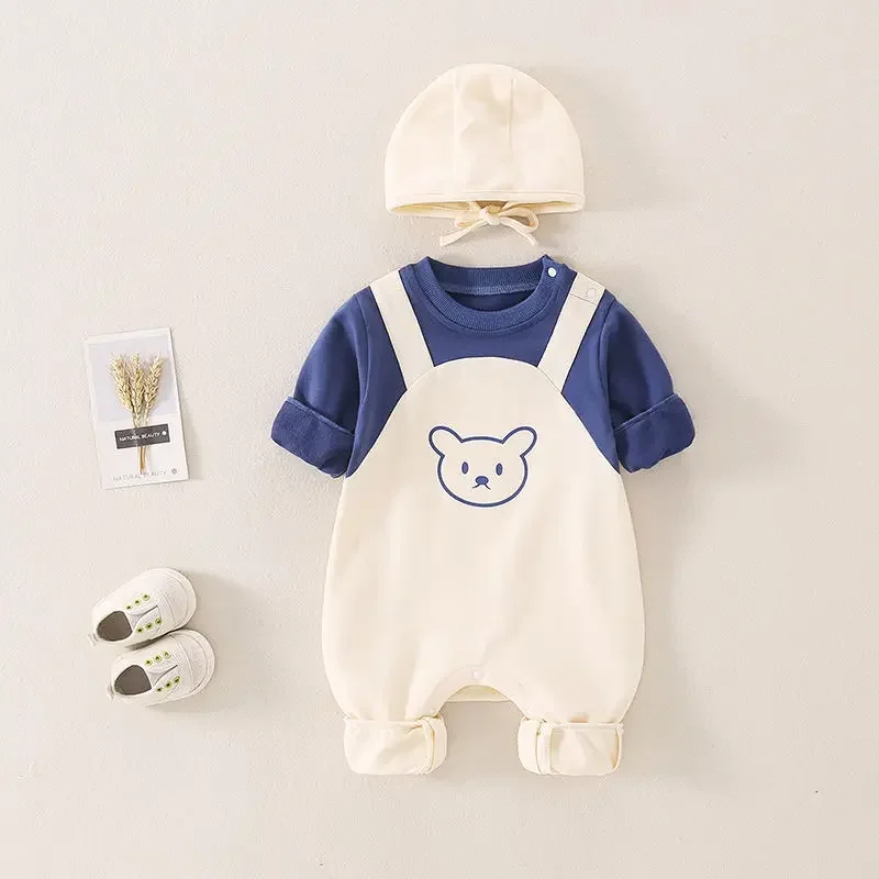 Newborn Baby Bodysuit Boys Girls Fake Two-piece Toddler Clothing with Hat Children Infant Homewear 0-12M