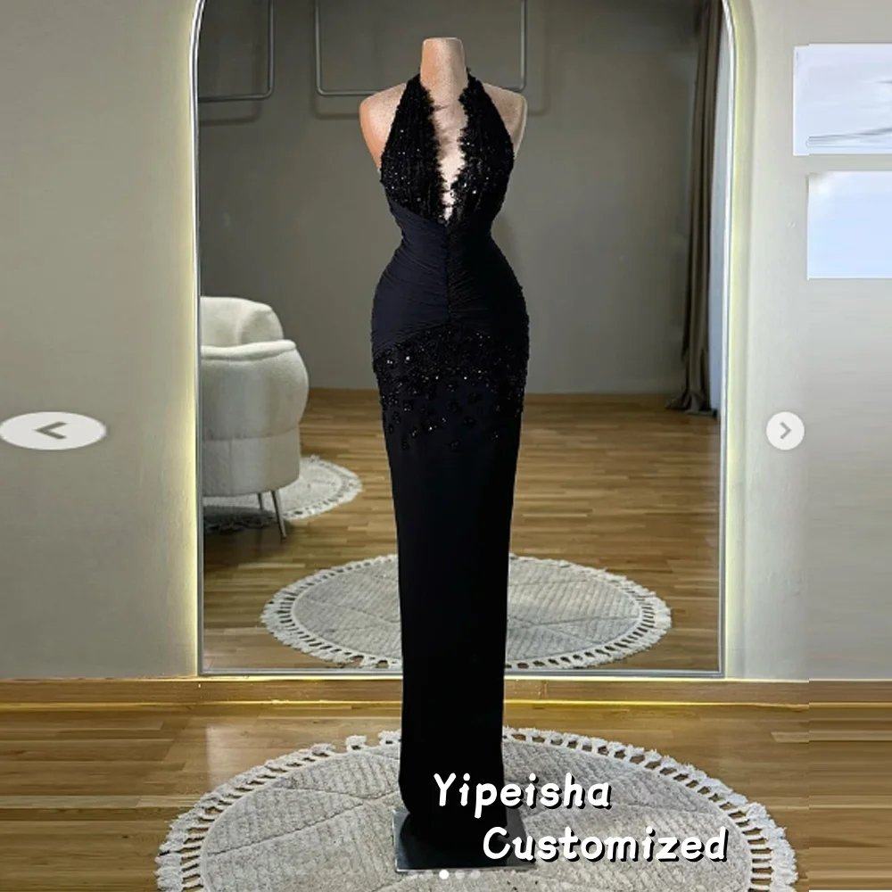 

Customized Glamorous Halter Neck Evening Dresses Deep V-Neck Sleeveless Prom Gowns Sequins Lace Dresses For Women