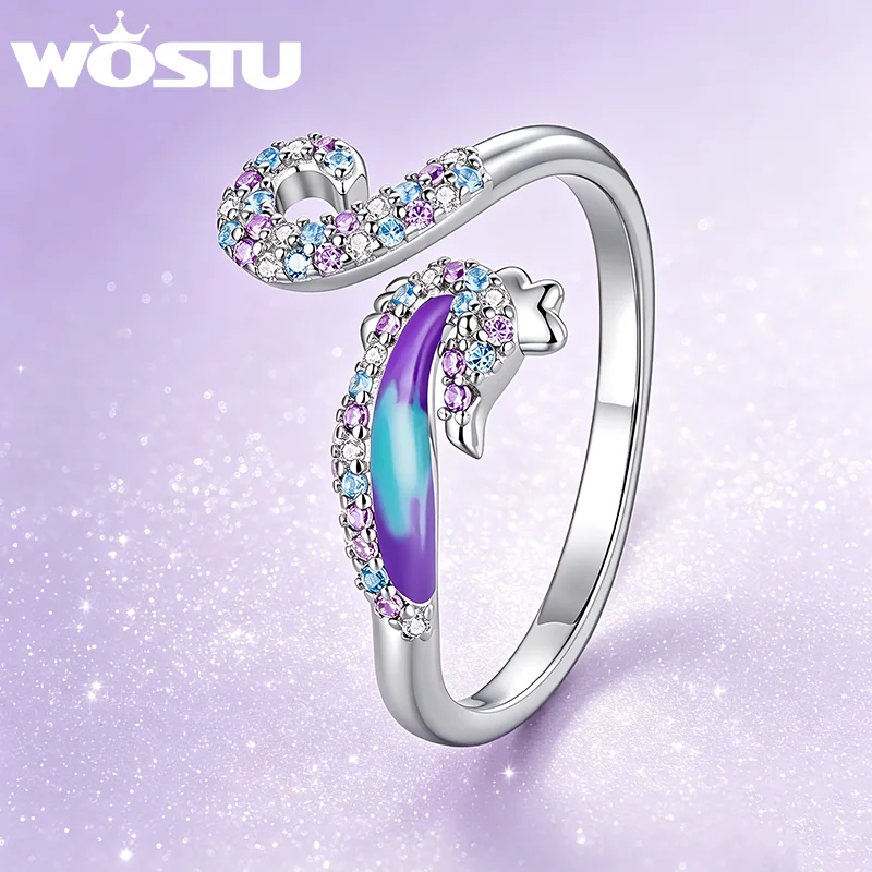 WOSTU Rainbow Dreamy Seahorse Open Ring For Women, Hypoallergenic White Gold Plated Ocean Animal Rings Holiday Jewelry Gift