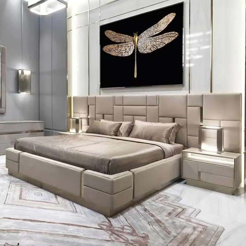 

Супербольшая кровать King Size с изголовьем из итальянского золотого дерева, кожаная, современная, с местом для хранения, для спальни, для использования в школах