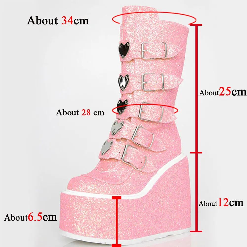 comemore Woman Shoes Buckles Big Size 43 Glittered Pink Chunky Platform Motorcycles Boots Fashion Gothic Punk Street Cool Wedges