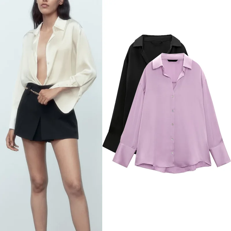 

Spring New Faion Commute Sle Loose Long Sve Satin irt Collar Drapey Polyester Women's Premium Quali Blouse