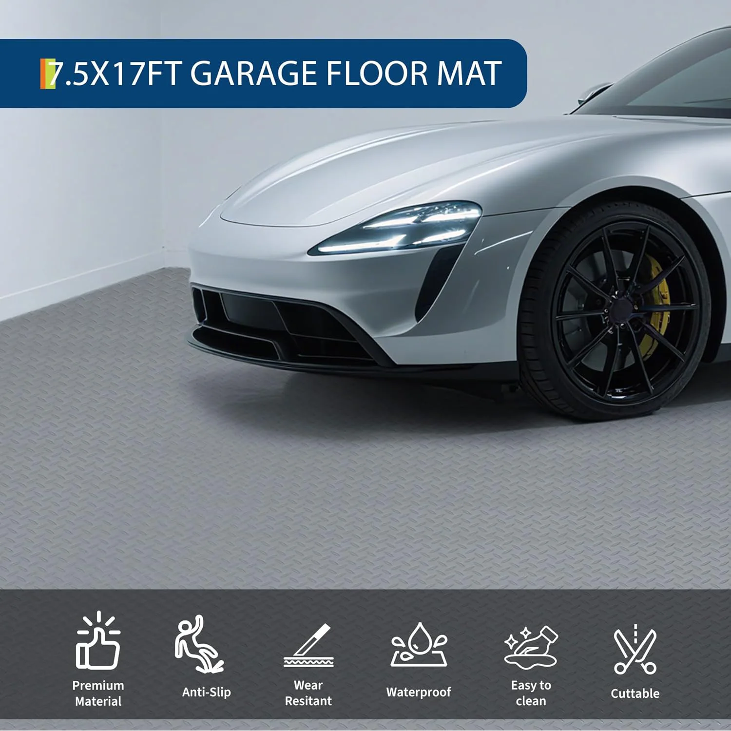 

7.5x17FT Industrial Garage Flooring Roll 2.8mm PVC Floor Mat Diamond Tread Under Car Protector Workshop Gym Waterproof Liner