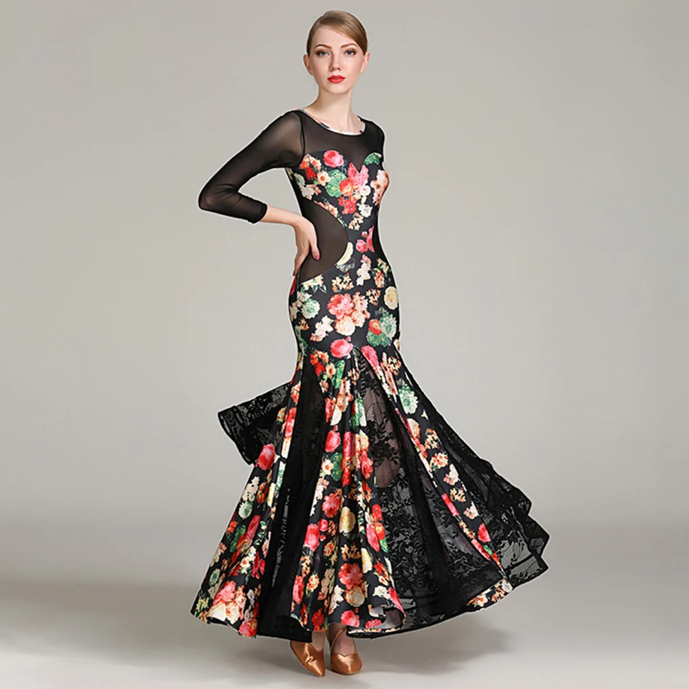 Elegante standaard danswedstrijdjurk grijze wals ballroomwedstrijdjurk met lange mouwen en groene kanten podiumjurk nieuw