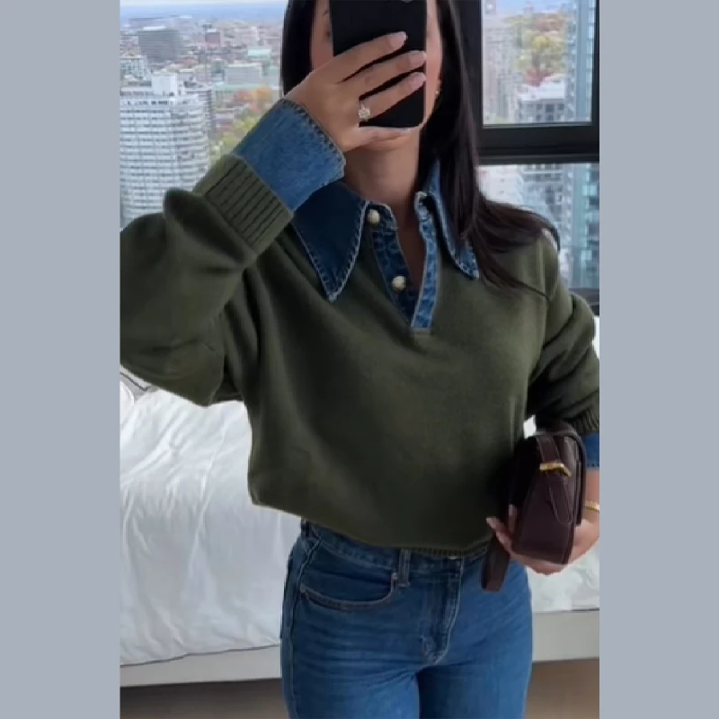 

Retro Spliced Denim Knitted Polo Pullover Lapel Long Sleeve Slim Fit Soft Sweater Solid Casual Knit Coat 2025 Autumn Winter Tops