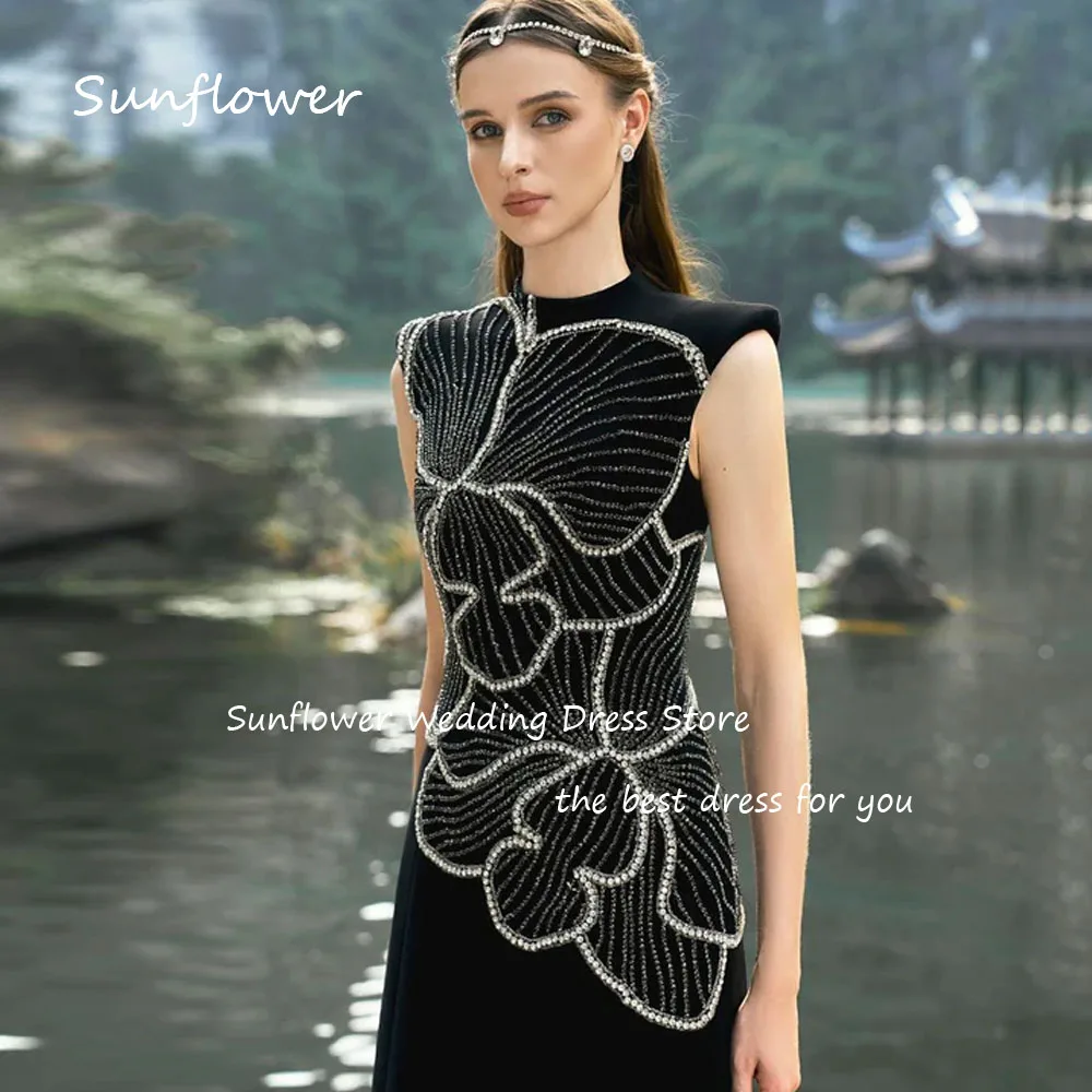 Sunflower Black Beading O-Neck Mermaid Formal Evening Dress Saudi Arabia 2024 Slim Crepe Sleeveless Floor-Length Prom Dress