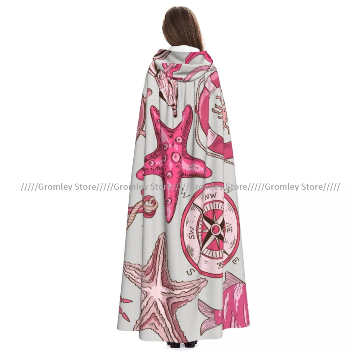 Pink Sea Wheel Anchor Starfish Pattern Witch Cloak Hooded Cosplay Costume Halloween Adult Long Party Cape