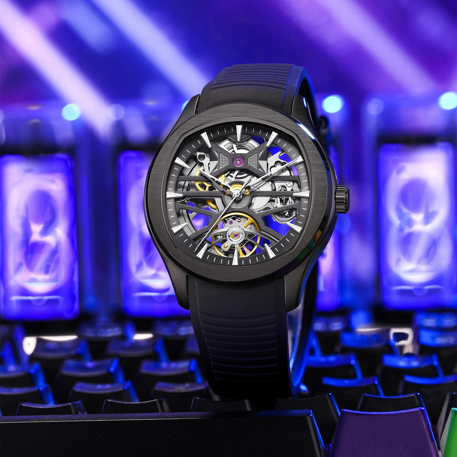 Sports Automatic Mechanical Watch Match Watches Fashion Stainless Steel Cased Wristwatch with White Silicone Strap Skeleton Dial