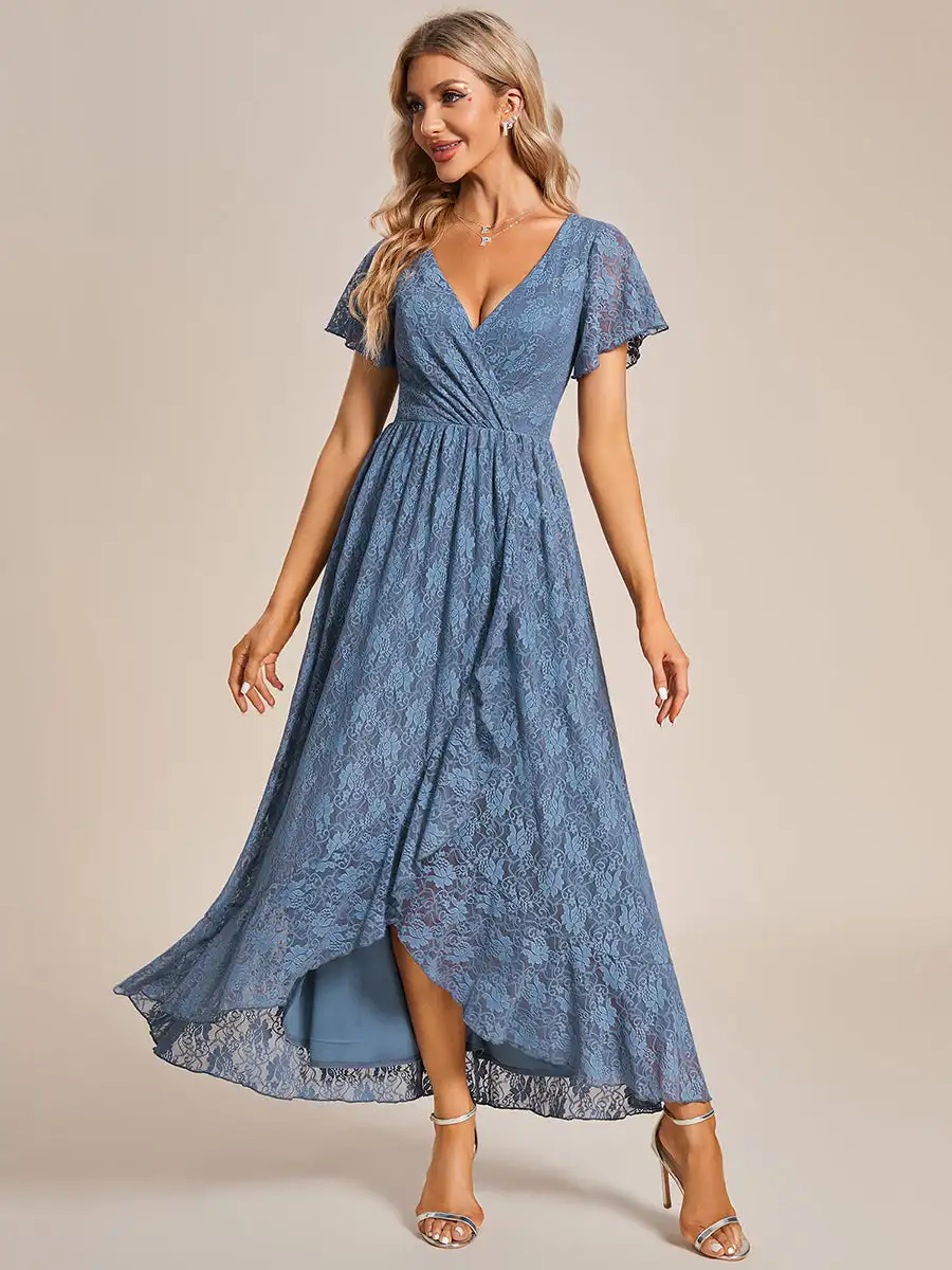 Gorgeous Evening Dresses  Deep V Neck Short See Through Sleeves Through  2024 Ever pretty of  A-Line Dusty NavyBridesmaid dress