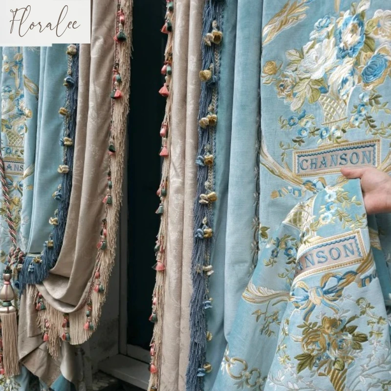 

American Style Embroidered Curtains Velvet Cloth Blue Luxury Blackout Curtains for Living Room Bedroom Villa Curtain Custom