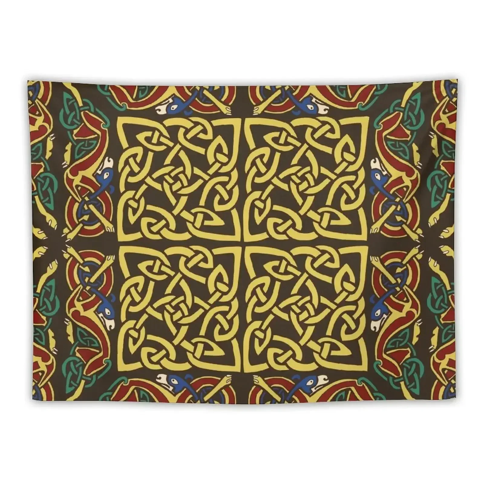 

Gold Knotwork Squares and Hounds Border Tapestry Room Decoration Aesthetic Bedroom Decoration Tapestry