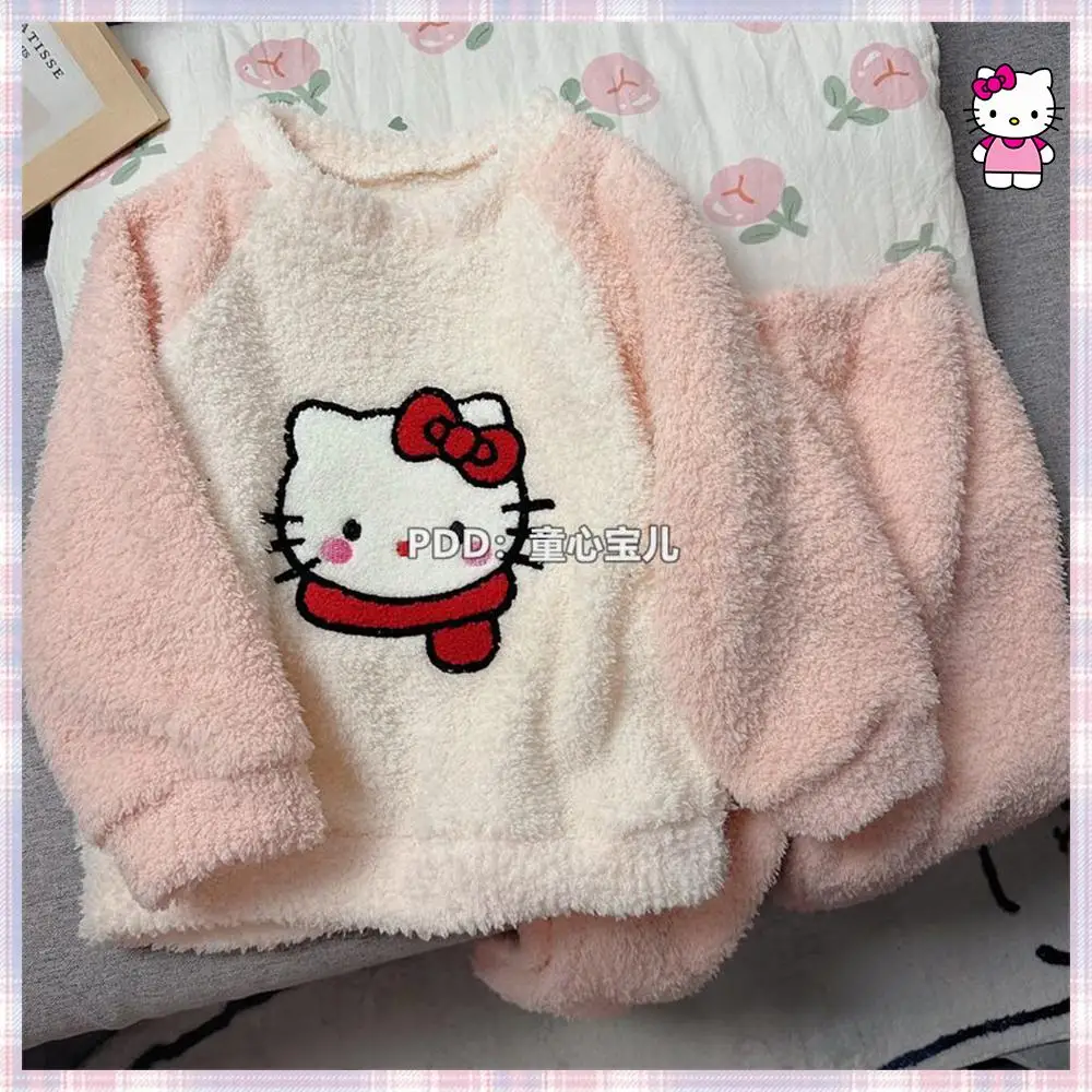 Hello Kitty 2Pcs Autumn Winter Kids Flannel Pajama Cinnamoroll Kuromi Anime Sanrios Kawaii Girl Boys Warm Loungewear Homewear