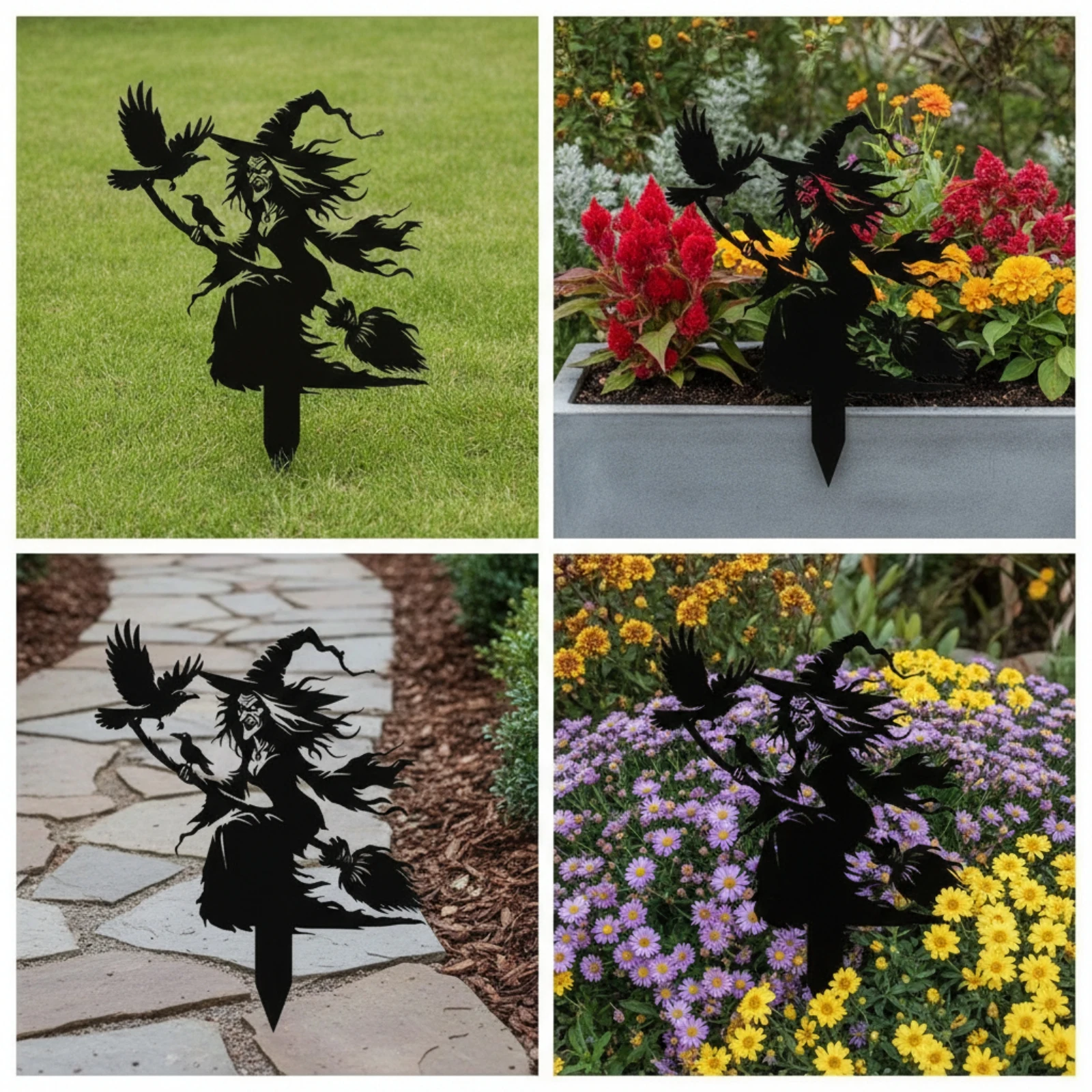 Witch on Broom Stake Black Witch Silhouette Stake Segnaposto per Halloween Spaventoso Decorazione Pointed for Garden, Lawn