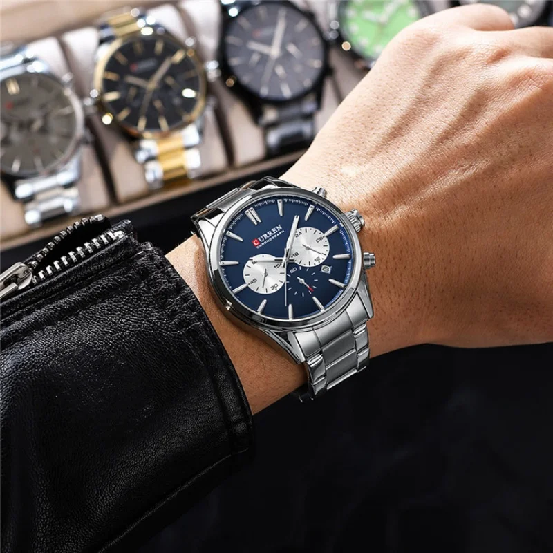 CURREN-reloj analógico de acero inoxidable para hombre, accesorio de pulsera de cuarzo resistente al agua con cronógrafo, calendario y esfera grande, complemento deportivo masculino de negocios, 8446