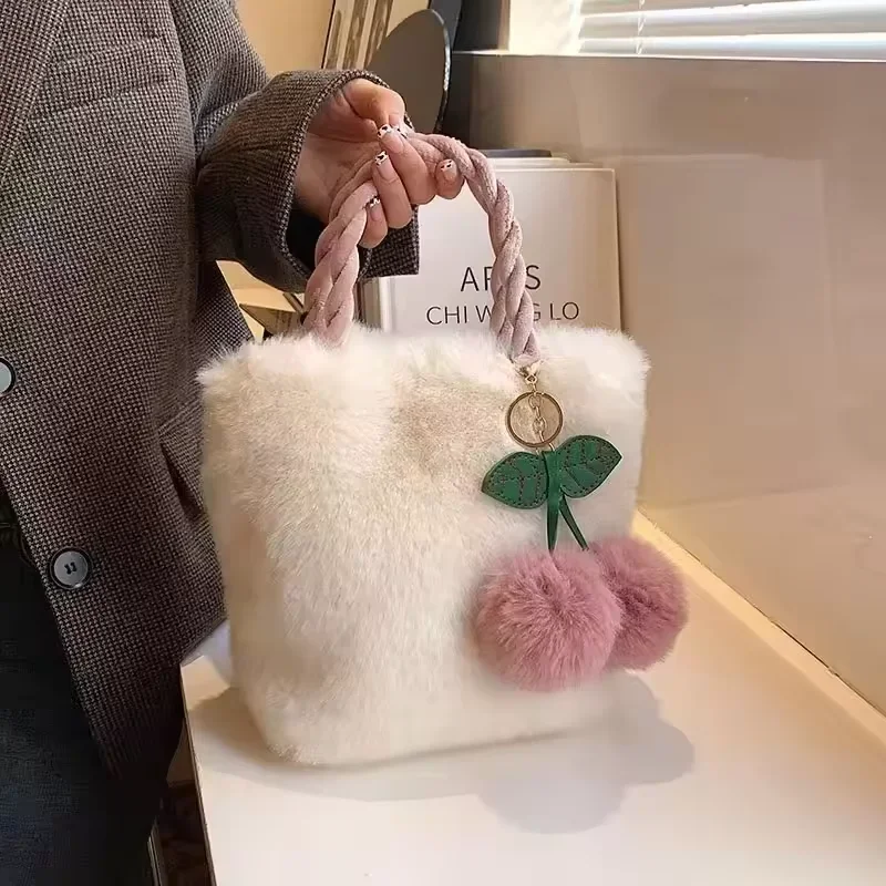 New Fashion Women Handbags Faux Fur Tote Bag Women's Bucket Plush Luxury Design Ladies Handbags  Female Cherry Pendant Bag