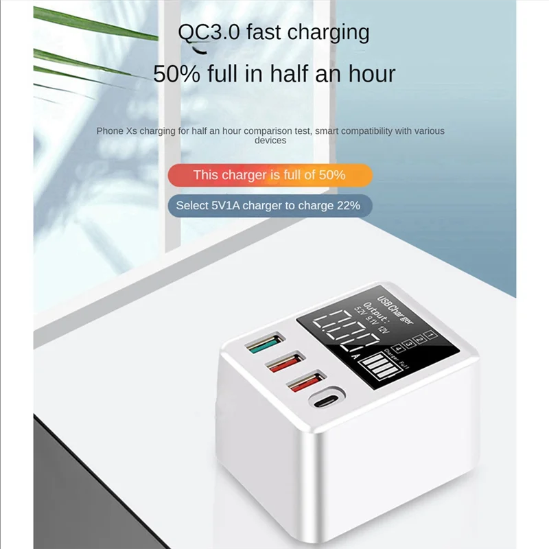 2025+ 4 Port Fast Charging USB Smart Identification Display Charger QC3.0/PD20W EU Plug