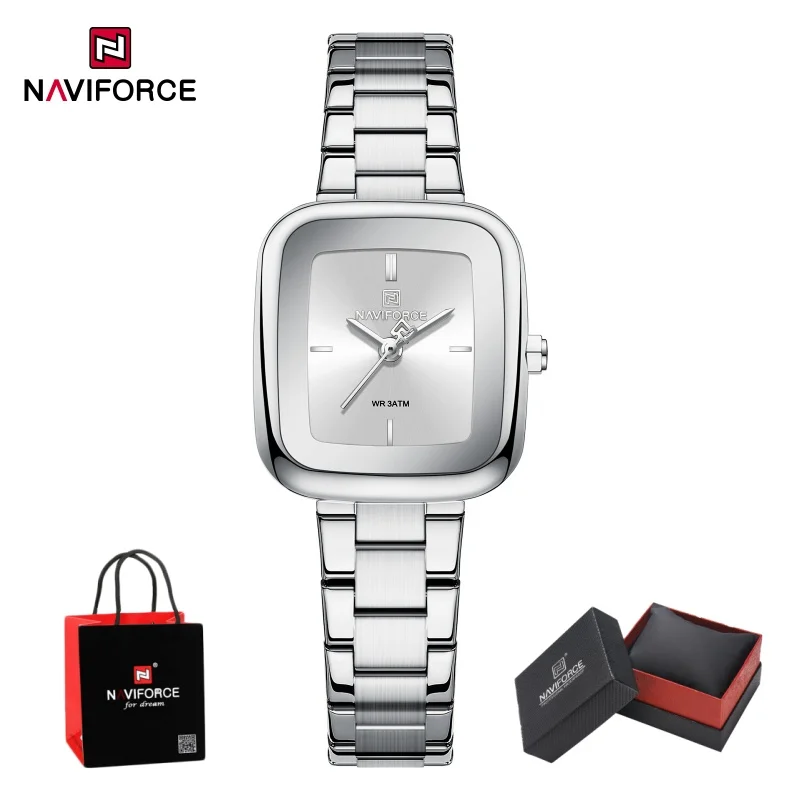 NAVIFORCE Women's Square Quartz Watch 3ATM Waterproof Luminous Stainless Steel Strap Elegant Casual Female Wristwatch Gifts box