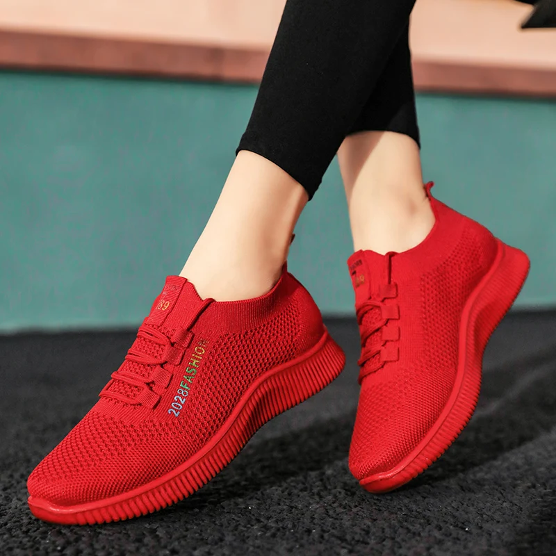 Tenis Feminino Women Sneaker Shoes Female Lace-up Casual Tennis Red Sport Gym Outdoor Platform Mesh Breathable Zapatillas Mujer