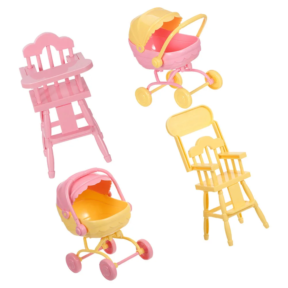 

2Sets Baby Stroller Miniature Realistic Dollhouse Accessories Portable Play Highchair Mini House Furniture Set