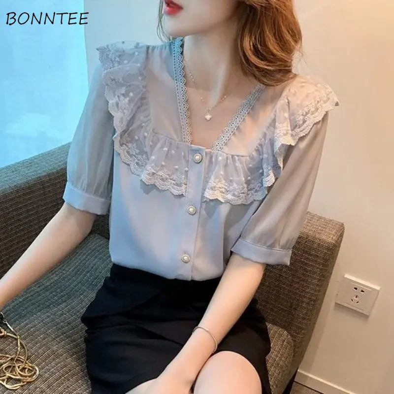 Shirts Women Fashion Kawaii All-match Simple New Summer Solid Korean Style Temper Lace Comfort Sweet Elegant Basic Office Lady